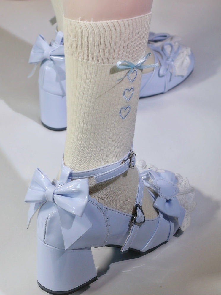 Süße Schnalle mit Schleife Schuhe Janes - Lacework Lolita Details Blue Heart Mary