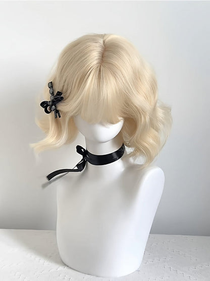 Blonde Short Wavy Curly Wig with Air Bangs - Sleepy Fish