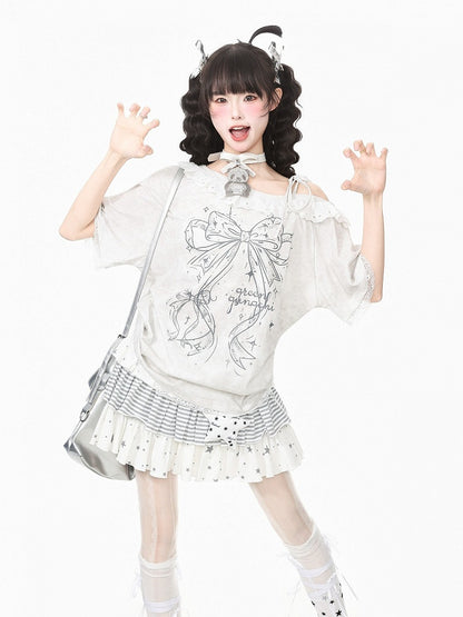 White Asymmetrical Shoulder Short Sleeve T-Shirt with Bow Print & Lace Trim - Languid Park