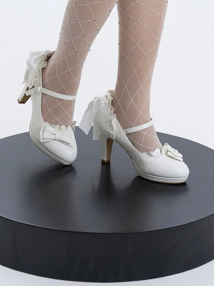 Ruffles Bow Elegant - White at Heel Shoes Top Trim High