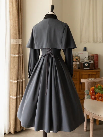 エレガントなワンピース グレー ダーク ウィンター オータム ケープとデザイン クラシック ロリータ