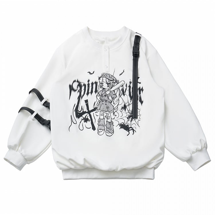 and Anime Graffiti Print Techwear-Style Straps with Girl Letter Snap Detachable Black/White Sweatshirt