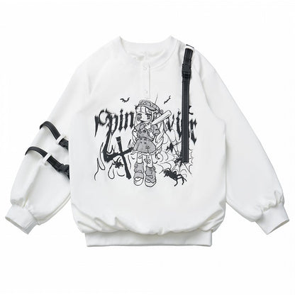 and Anime Graffiti Print Techwear-Style Straps with Girl Letter Snap Detachable Black/White Sweatshirt