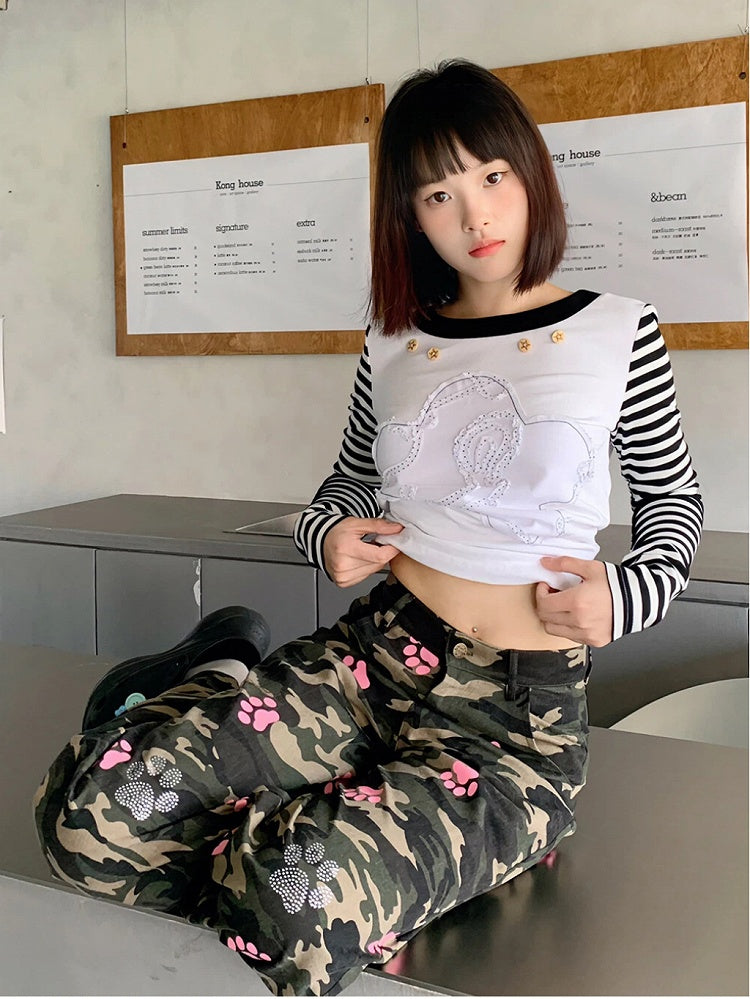 Pink Pants Camouflage Cat with Details Paw Rhinestone