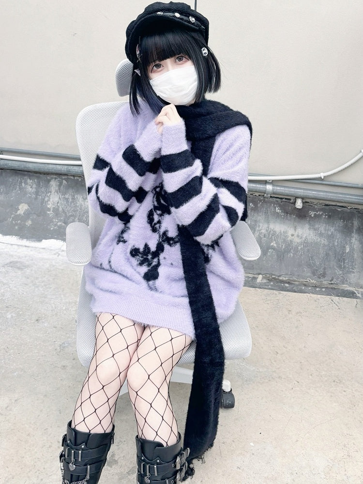Pattern Sweater and Purple Rose Jirai Striped Oversized Kei Black