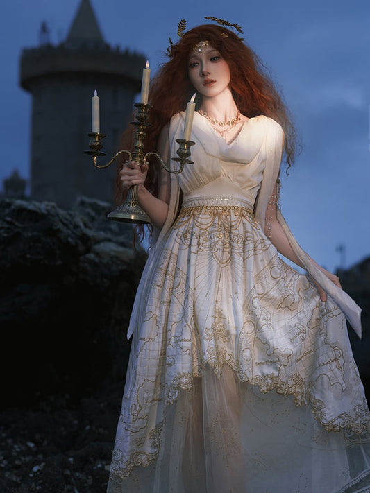 ネックライン ギリシャ風 スカート カウル ゴールド ジャンパー 天体地図 刺繍 ホワイト