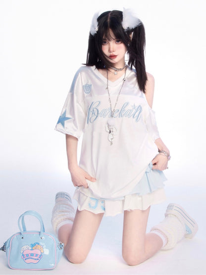 T-shirt Weiß V-ausschnitt Ausschnitt Schulter Brief Stickerei Lose