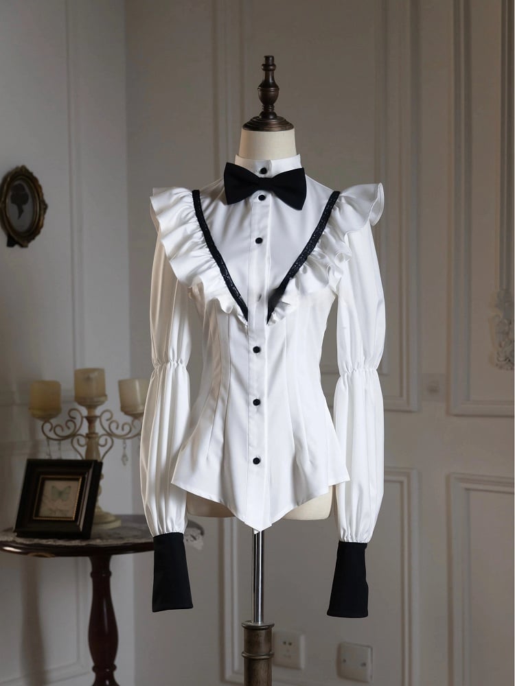 Crisp White Ruffled Shirt with Bow Tie for Ouji - Shi Zhi Mao