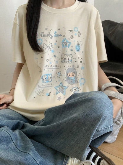 Off-White Cartoon Print Cool Touch Short Sleeve T-Shirt - PINK SAVIOR