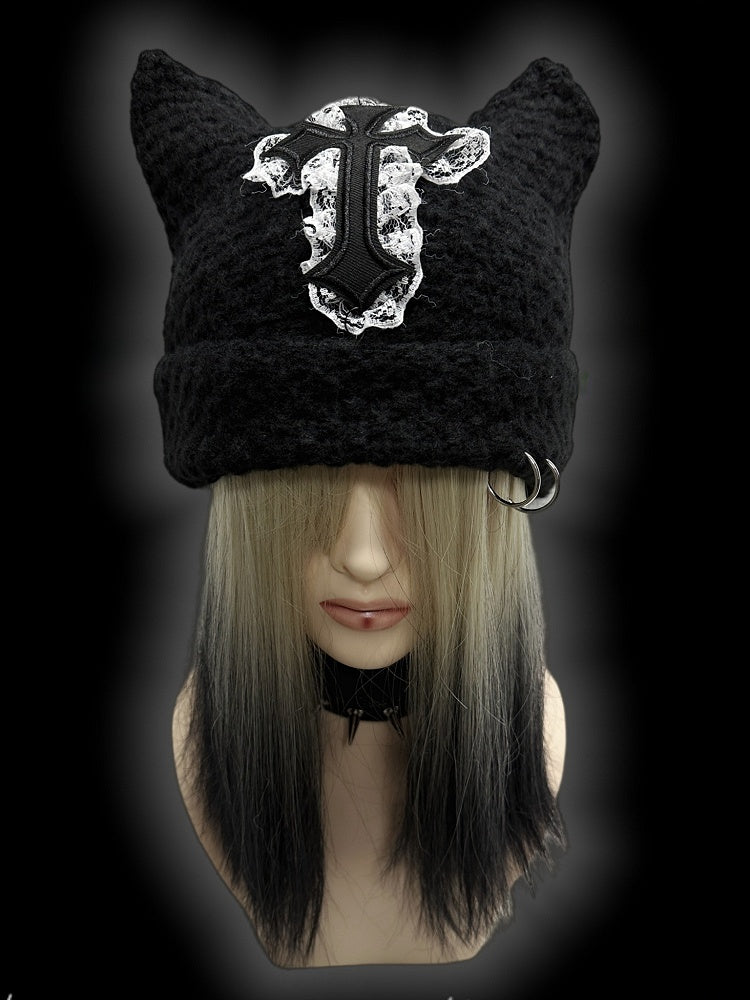 Punk Black Cat Ears Cross Patch Knit Hat
