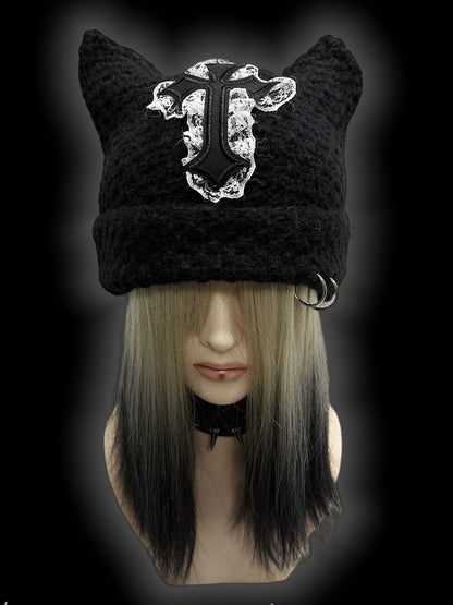 Punk Black Cat Ears Cross Patch Knit Hat