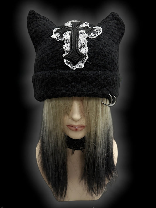 Punk Black Cat Ears Cross Patch Knit Hat