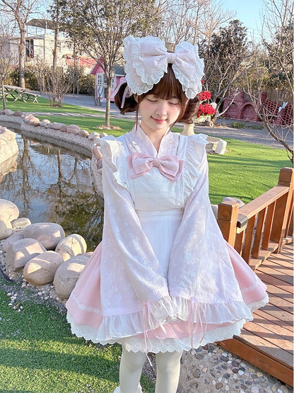 ピンク＆ホワイトの桜ジライケイ フルセット - ベルスリーブトップ+パフスカート+エプロン 桜祭り 和風衣装