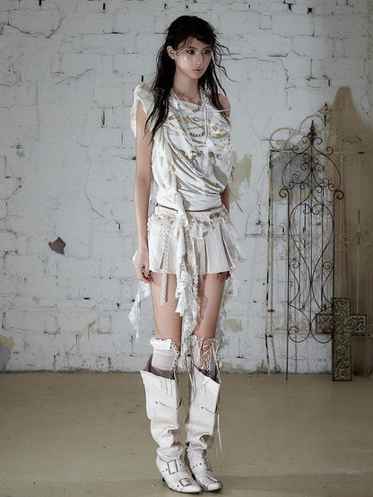 Punk Gold Chain Print Apricot Top with Asymmetric Neckline - NO ROMANCE