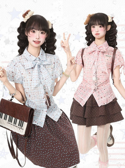 Blue Kawaii Star Plaid Short Sleeve Shirt with Bow - Languid Park