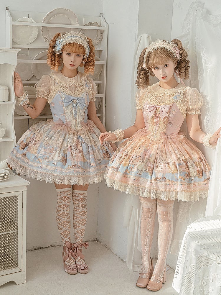 Rosa Kleid Sweet Party Tea JSK Print Mieder Lolita Korsett Full Kitty Set