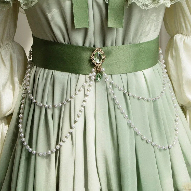 ウエストベルト グリーンビーズチェーン装飾