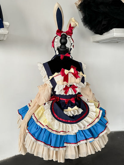 ダークブルーとレッドの白雪姫スイートメイドエプロン + バスクウエストストラップレスティアードフリルパフィードレス