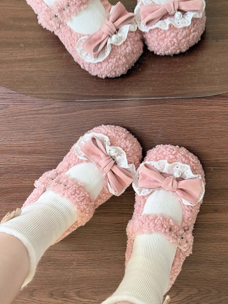 Mary with Jane Bow Shoes Design Plush Tail Decor Pink Lolita Pom-Pom Sweet