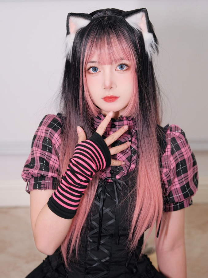 Straight Pink Wig Bangs Black Ombre Air with and 68CM