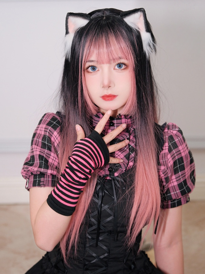 Straight Pink Wig Bangs Black Ombre Air with and 68CM
