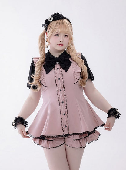 Chiffon Ruffle Dress with Lace Trim and Bow Set - Fluffy Heart