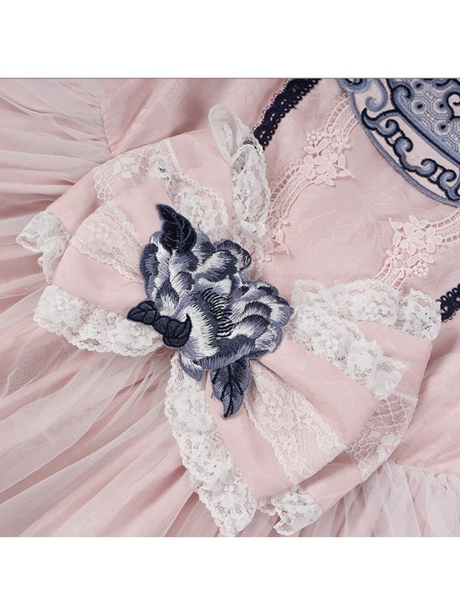 Elegant Pink Porcelain Lolita JSK with Flutter Sleeves & Floral Embroidery - Yimu Walnut