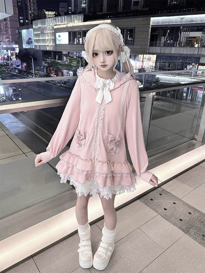 Tiered Pink Sweet | Hoodie Ruffles Kei Dress Heart Pockets Jirai Bunny-Eared