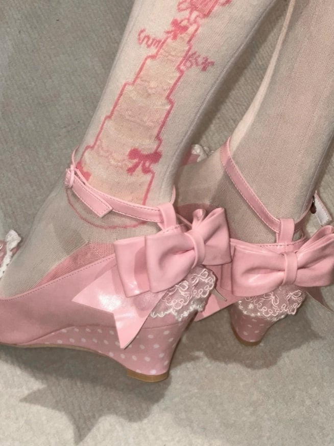 - Janes Heart Wedge Detachable Pink Mary Sweet PU Trimmed Lace Lolita