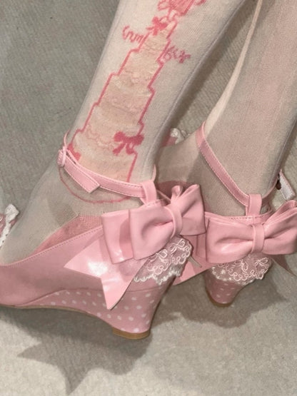 - Janes Heart Wedge Detachable Pink Mary Sweet PU Trimmed Lace Lolita