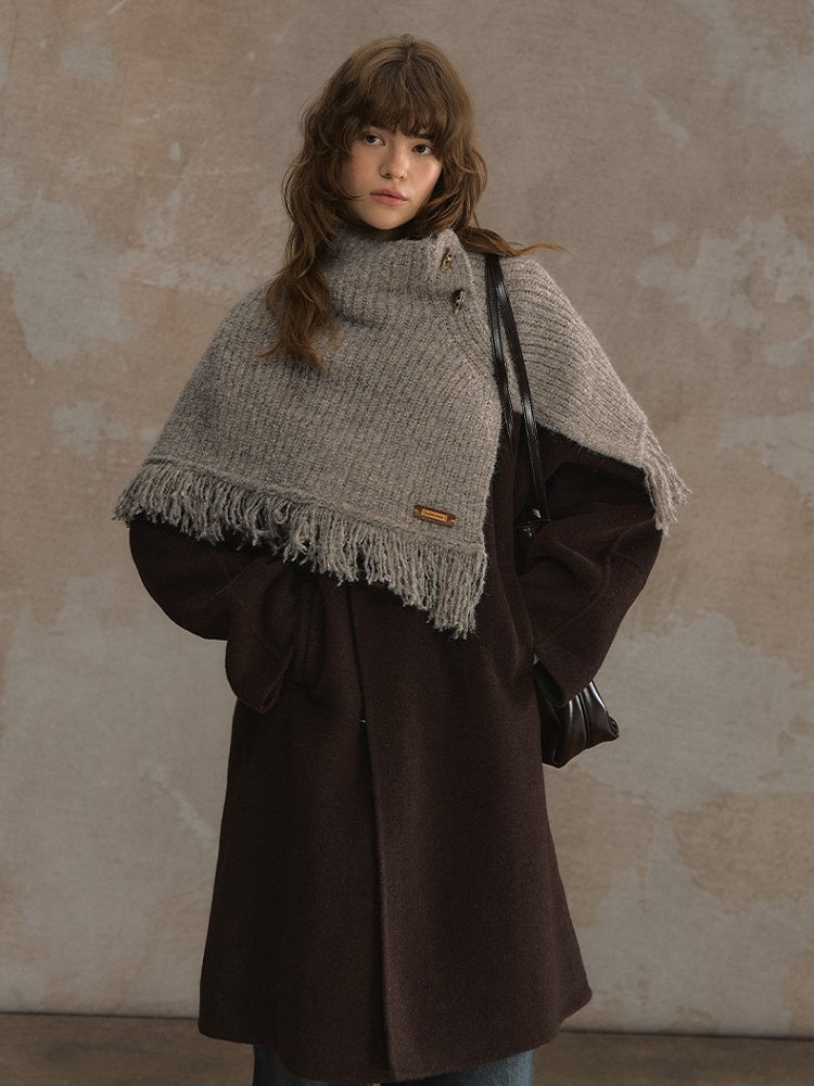 Toggle with Frayed Closure and Knit Edges Shawl Camel/Gray Cozy Winter