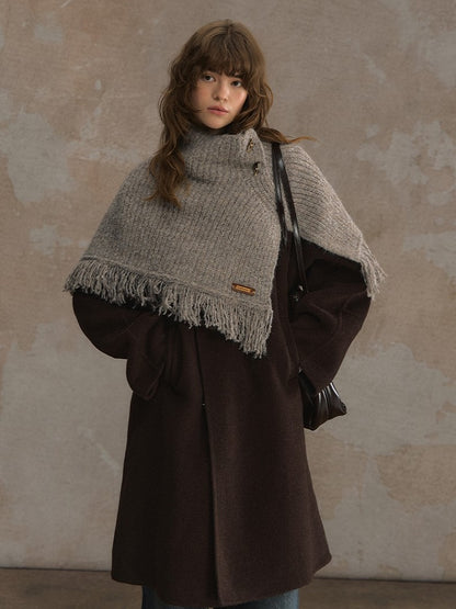 Toggle with Frayed Closure and Knit Edges Shawl Camel/Gray Cozy Winter