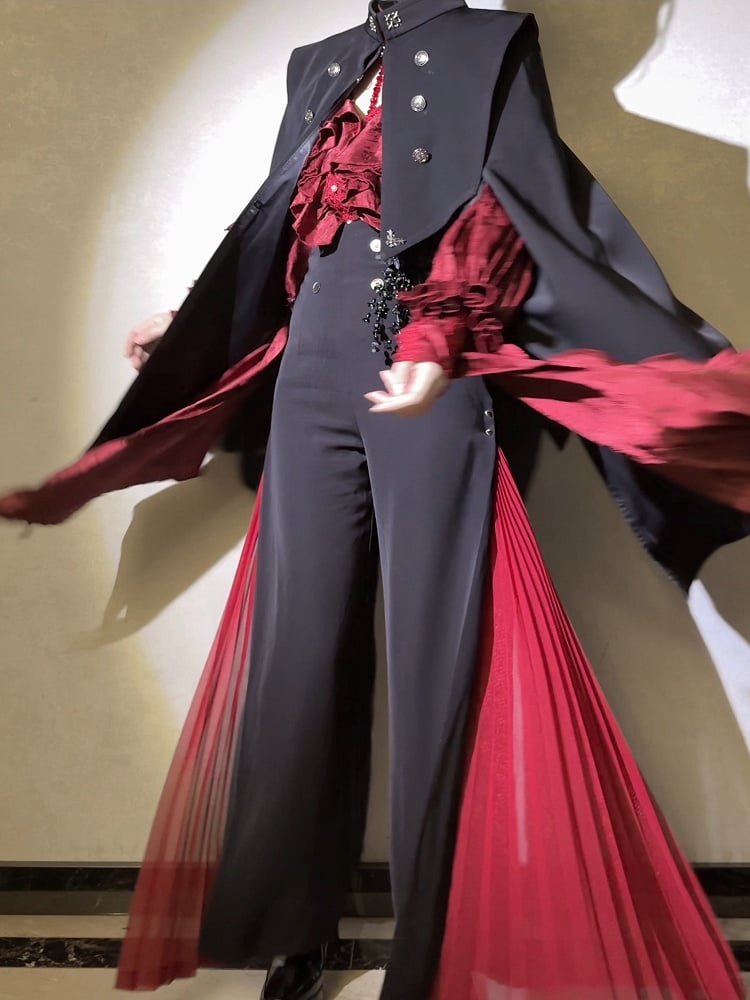 Wide-leg Ouji Pants Red Fashion Panel Black 110cm Pleated ( Extended ) High With Length Waist Chiffon