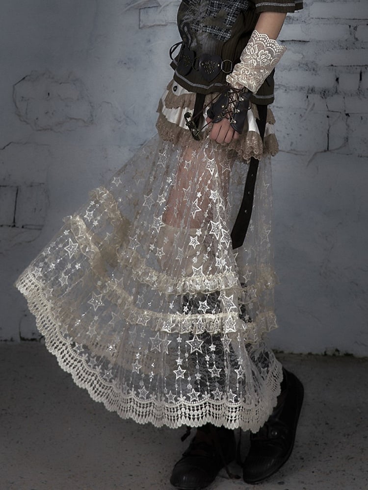 Studded Lace-trimmed Dress with Punk Straps Lace Detachable Overskirt Apricot