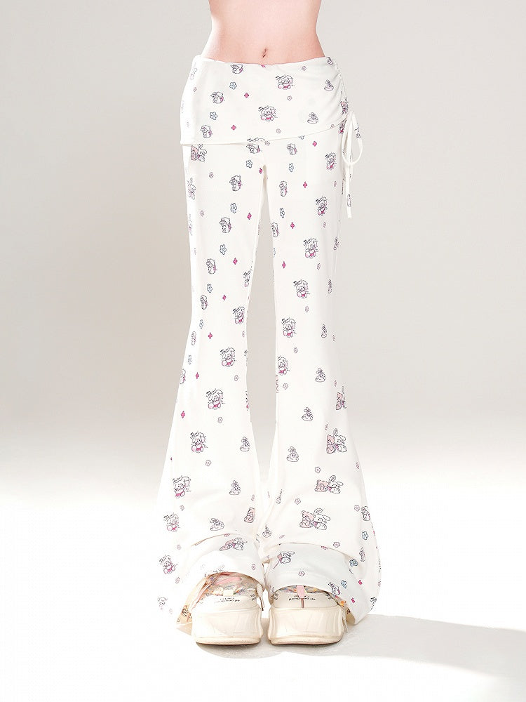 Adorable Bear and Bunny Print Drawstring Design Side White Glamorous Flared Pants