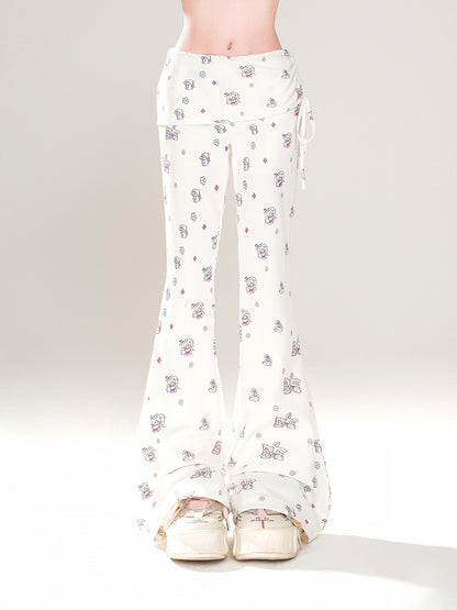Adorable Bear and Bunny Print Drawstring Design Side White Glamorous Flared Pants