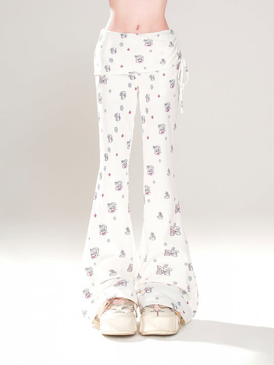Adorable Bear and Bunny Print Drawstring Design Side White Glamorous Flared Pants