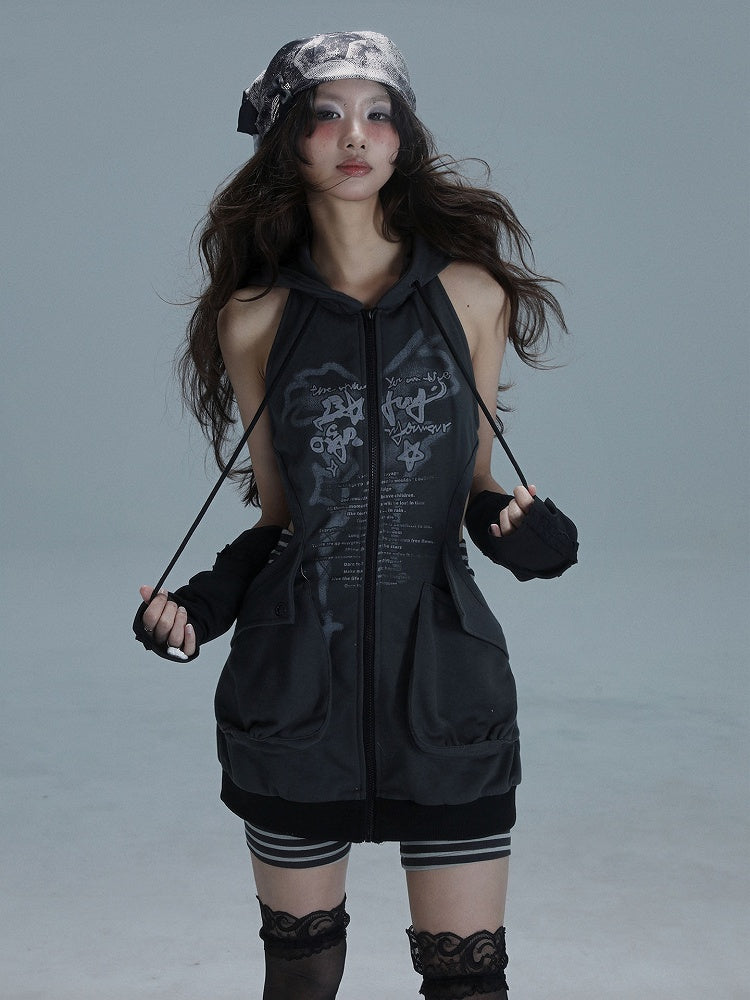 Coordinated Striped Hoodie Dark Zip-front Dress Cutout Gray Set: Punk Shorts Streetwear Graffiti