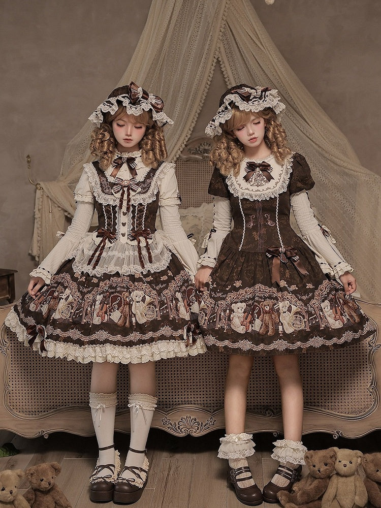 Vintage Brown Bear Symphony Theme Lolita JSK with Bow & Lace Accents - Twin Bear Original Design