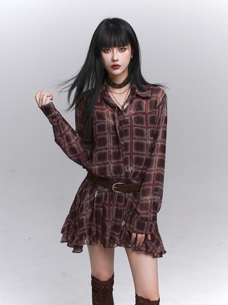 Plaid PU Coffee Gothic Belt Dress with Brown Shirt Lined Red