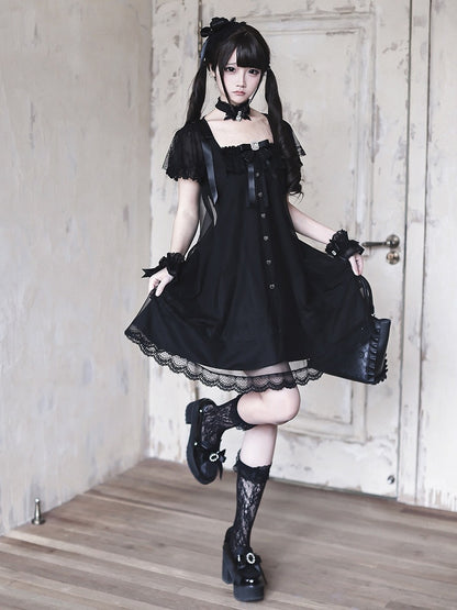 Gothic Square Neck Dress with Bow Accents - Ekomi