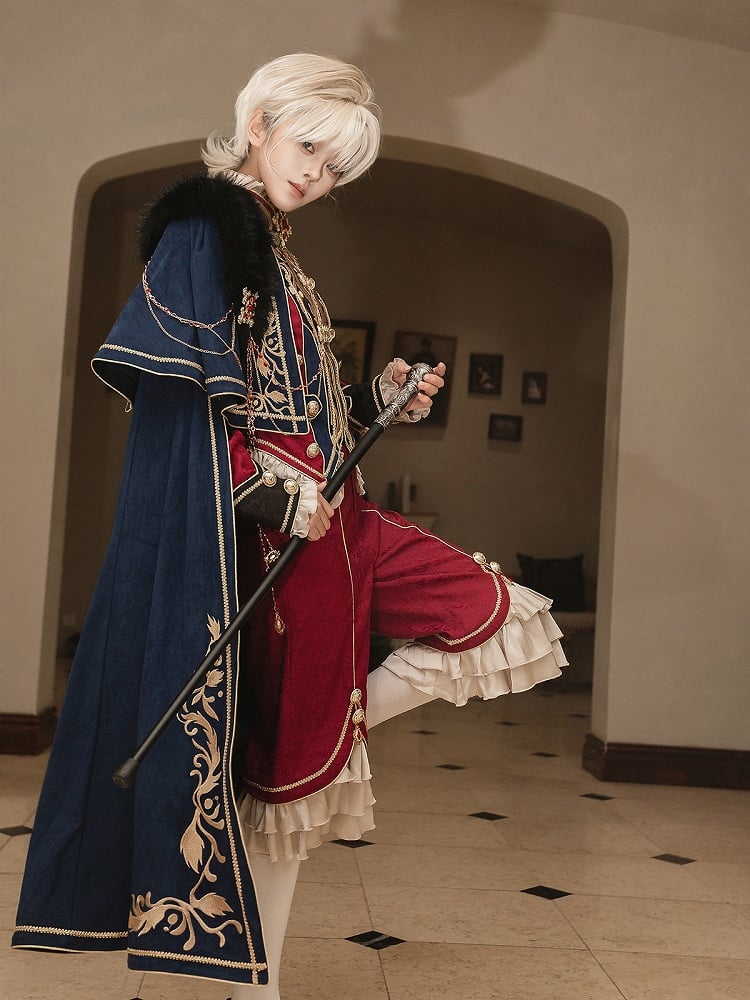 Golden Top + Chains Long Gorgeous Style Prince Sleeves Blue with Pants Royal Red Cape