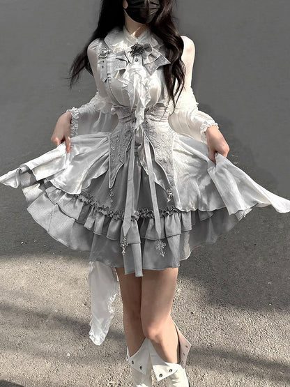 Grey Gothic Lolita Set Bell Sleeves Blouse with Corset Belt - Unknown Star