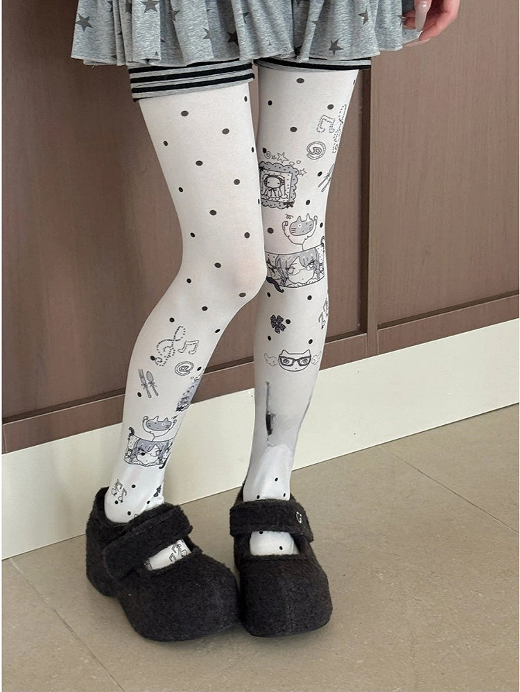 Tights Cute Polka Dot Cat Pattern Opaque