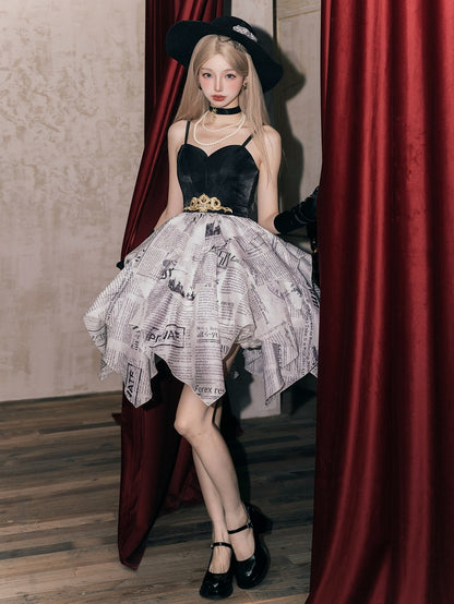 Eleganter Rock, mehrlagiges Pulloverkleid, Lolita-Print, Zeitungstaschentuch