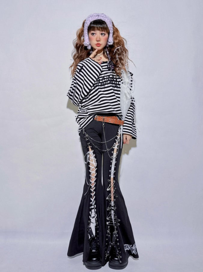 Design with Black and Flared Detailing Lace-Up Pants Pin Safety Symmetrical Slit