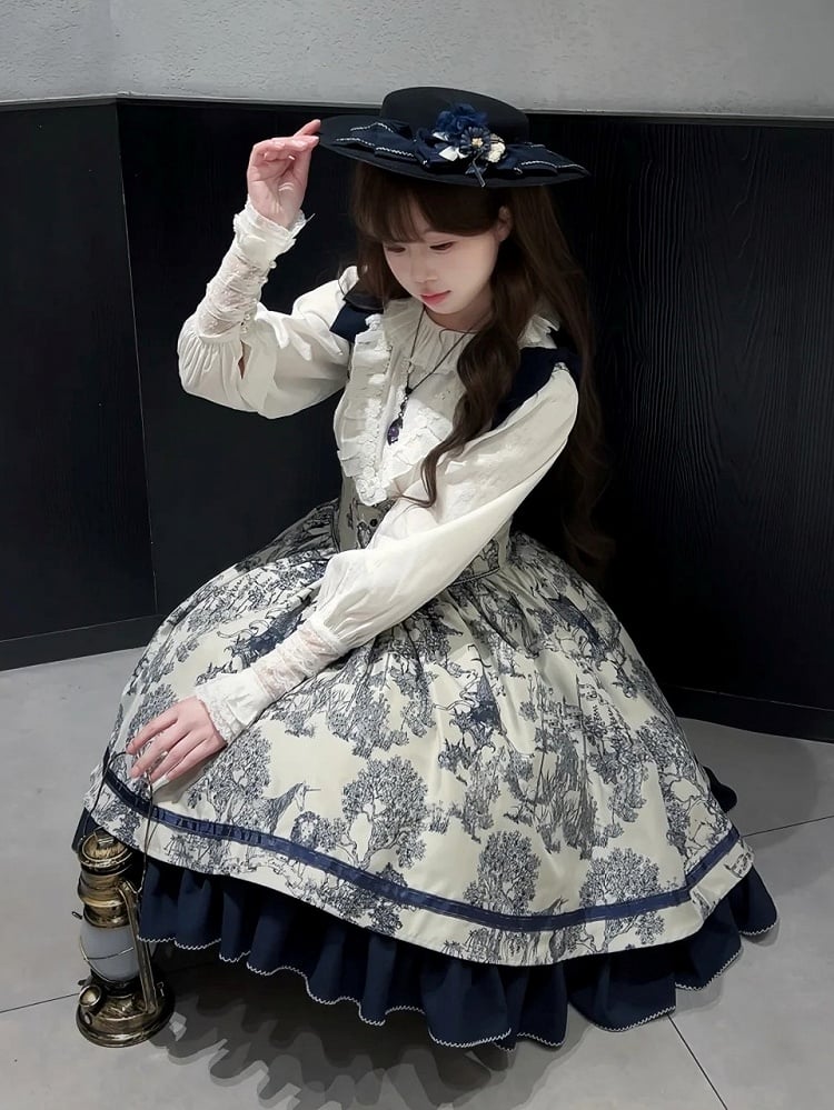 Bust Dark Bowknot Blue Straps Basque Skirt Waist Jumper Lolita Under Shoulder