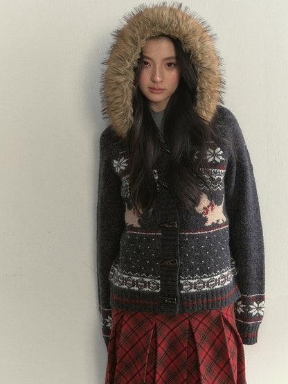 Collar Knit Sweater Button Vintage with Grey Fur Toggle