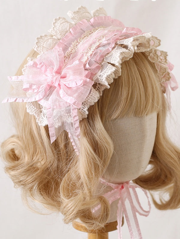 Light Pink Beige Lolita Bowknot Cute Lace-Trimmed Hairband