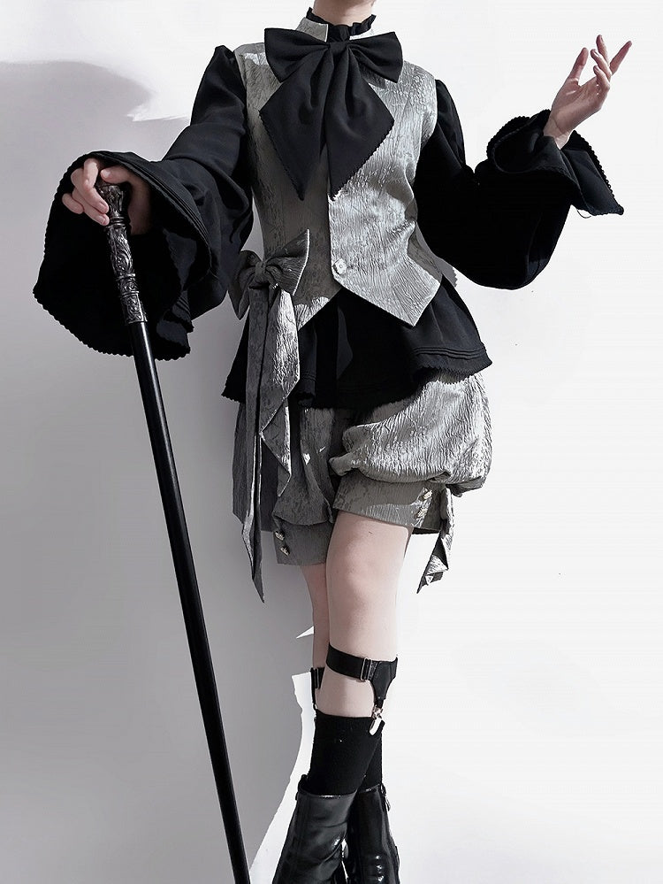 Black Ruffle-Neck Bishop-Sleeve Ouji Poet Shirt - Princess Chronicles